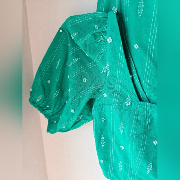 HURLEY Set Crop Top Blouse Puff Sleeve Mini Skirt Cotton Green Size L - Picture 3 of 11